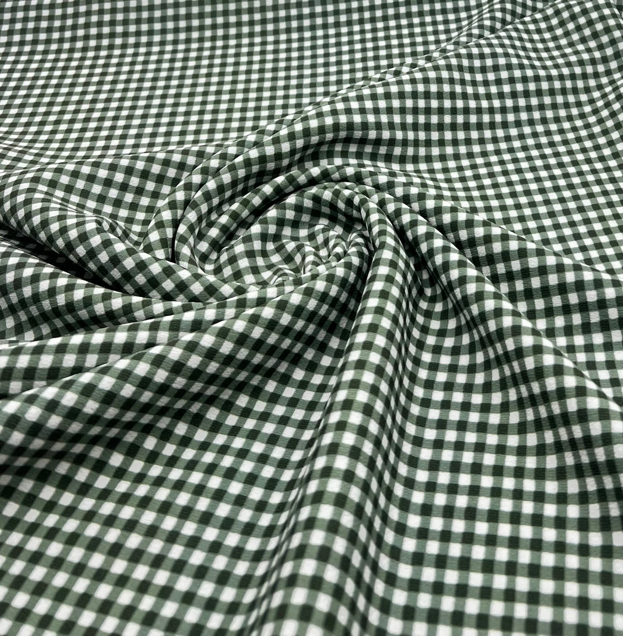 Khaki Green Gingham Check Print Lightweight Bubble Crepe Fabric - T9 Fabrics